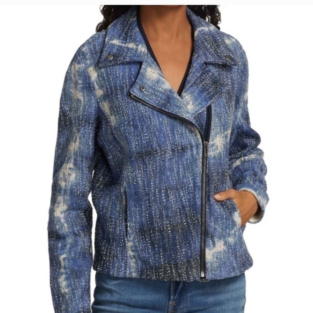 NIC+ZOE Textured Blue & White Midweight Tiedye Moto Jacket Distressed Large